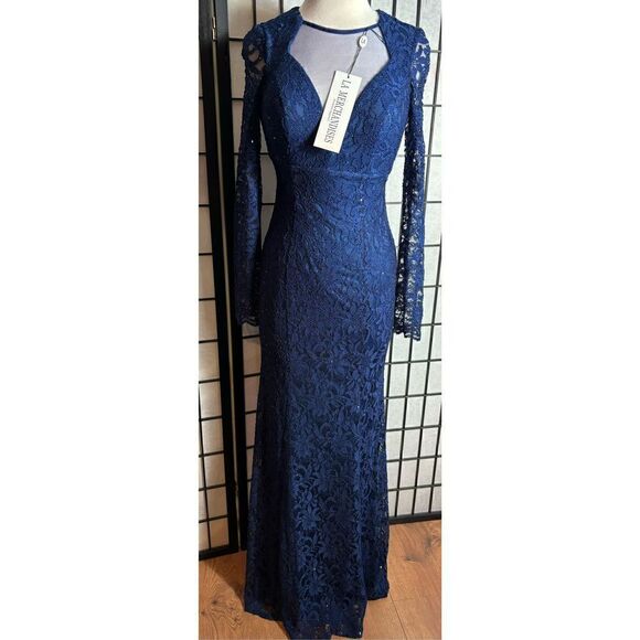 LA Merchandises Navy Sequin Deep V-neck Formal Dress - Picture 2 of 8